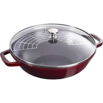STAUB Cast Iron Wok with Glass Lid and Removable Grill, Ø 30 cm, 4.40 L, Grenadine