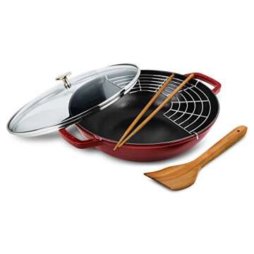 STAUB Cast Iron Wok with Glass Lid and Removable Grill, Ø 30 cm, 4.40 L, Grenadine