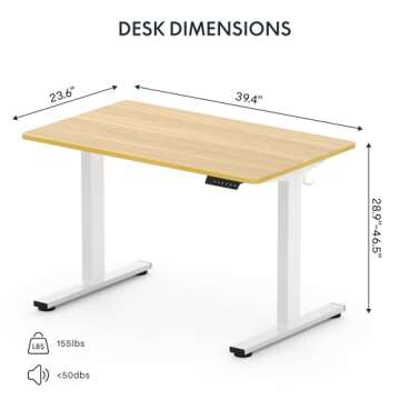 FLEXISPOT EN1 One-Piece Standing Desk 40 x 24 Inches Height Adjustable Desk Electric Sit Stand Up Desk Home Office Desks Computer Workstation (White Frame + Maple Desktop)