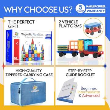 SUNNY AUNTIE Magnetic Tiles 125 PCS+ Bonus Zippered CASE, Magnetic Tiles for Kids Toy for 3 4 5 6 7 8 Year Old Boys & Girls, Magnetic Tiles Building Set, Great Gift for Kids Aged 3-8, XL Set