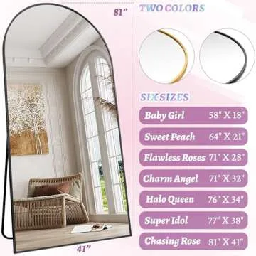 LadyNow Full Length Mirror, 81"x41" Oversized Arched Floor Mirror Freestanding, Full Body Mirror Floor Standing Mirror with Stand, Hanging Mounted Mirror for Bedroom Living Room, Black, Arched Style