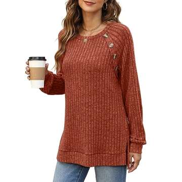 Bofell Fall Outfits for Women 2024 Lightweight Valentines Day Sweaters Shirts Side Split Crewneck Sweatshirts Loose Fit Soft Caramel L