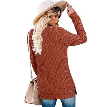 Bofell Fall Outfits for Women 2024 Lightweight Valentines Day Sweaters Shirts Side Split Crewneck Sweatshirts Loose Fit Soft Caramel L