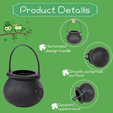 Hptmus St Patrick's Cauldron Pot - 4 Pieces Black Witch Cauldrons Mini Candy Kettle with 120 Shamroc...