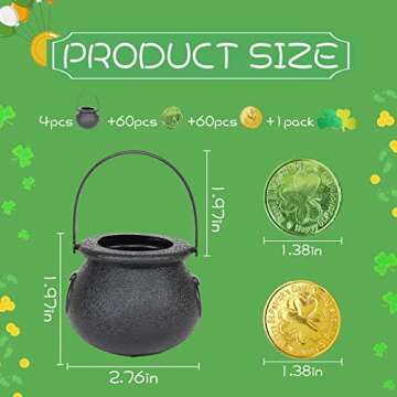 Hptmus St Patrick's Cauldron Pot - 4 Pieces Black Witch Cauldrons Mini Candy Kettle with 120 Shamrock Coins Plastic Green Gold Lucky Clover Coin for St Patrick's Day Party Favors