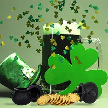 Hptmus St Patrick's Cauldron Pot - 4 Pieces Black Witch Cauldrons Mini Candy Kettle with 120 Shamrock Coins Plastic Green Gold Lucky Clover Coin for St Patrick's Day Party Favors