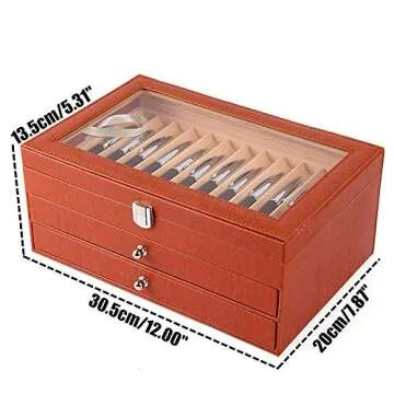 Premium Leather Pen Display Box | 36 Piece Organizer with Glass Top