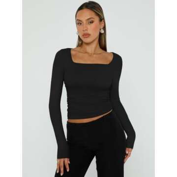 Trendy Queen Womens Long Sleeve Shirts Going Out Basic Crop Tops Fashion Y2k Workout Clothes Square Neck Fall Outfits Black M