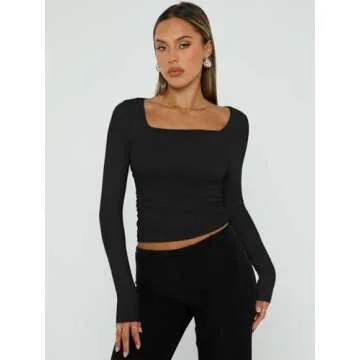 Trendy Queen Womens Long Sleeve Shirts Going Out Basic Crop Tops Fashion Y2k Workout Clothes Square Neck Fall Outfits Black M
