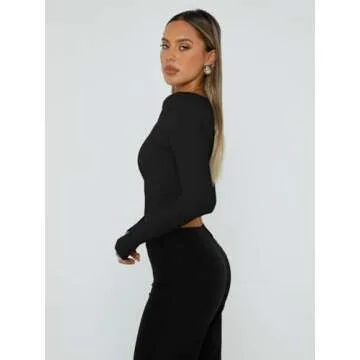 Trendy Queen Womens Long Sleeve Shirts Going Out Basic Crop Tops Fashion Y2k Workout Clothes Square Neck Fall Outfits Black M
