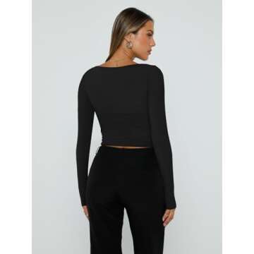 Trendy Queen Womens Long Sleeve Shirts Going Out Basic Crop Tops Fashion Y2k Workout Clothes Square Neck Fall Outfits Black M