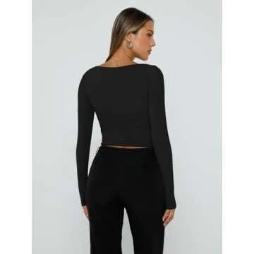 Trendy Queen Womens Long Sleeve Shirts Going Out Basic Crop Tops Fashion Y2k Workout Clothes Square Neck Fall Outfits Black M