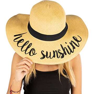 Funky Junque Women's Straw Sun Hat, 100% Straw, Embroidered 'Hello Sunshine' Beach Hat, One Size Adjustable