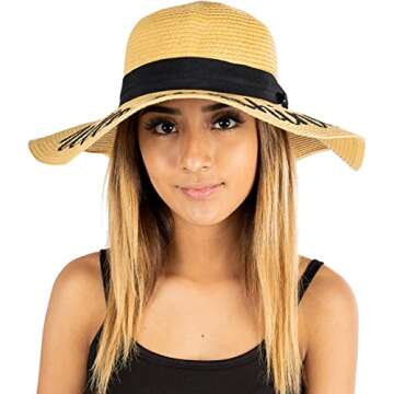 Funky Junque Women's Straw Sun Hat, 100% Straw, Embroidered 'Hello Sunshine' Beach Hat, One Size Adjustable