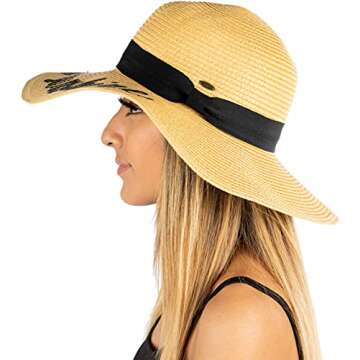 Funky Junque Women's Straw Sun Hat, 100% Straw, Embroidered 'Hello Sunshine' Beach Hat, One Size Adjustable