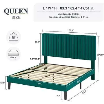 Allewie Queen Bed Frame - Elegant Velvet Platform with Adjustable Headboard