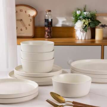 AmorArc Ceramic Dinnerware Sets of 6, Modern Flat Stoneware Plates and Bowls Sets,Chip and Crack Resistant | Dishwasher & Microwave Safe Dishes Set,Scratch Resistant- Service for 6 (18pc)-Matte Cream