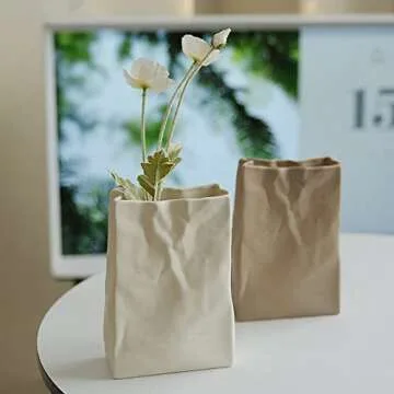 Crinkle Paper Bag Shape Ceramic Vase – Modern Home Decorative (Coconut Café)