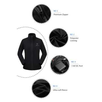 Venustas Women's Fleece Heated Jacket with Battery Pack 7.4V, Fleece Heated coat with YKK Zippers