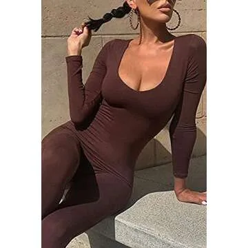 Mulisky Women's Sexy Bodycon Long Sleeve Jumpsuit Coffee M
