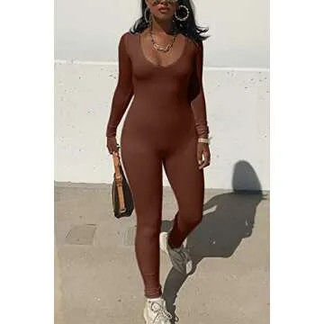 Mulisky Women's Sexy Bodycon Long Sleeve Jumpsuit Coffee M