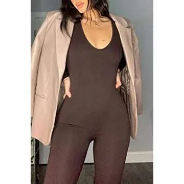 Mulisky Women's Sexy Bodycon Long Sleeve Jumpsuit Coffee M