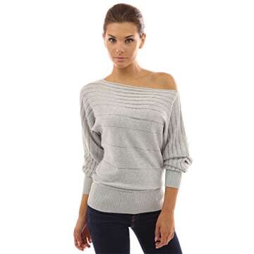PattyBoutik Women On Off One Shoulder Semi-Sheer Sweater (Light Gray X-Small)