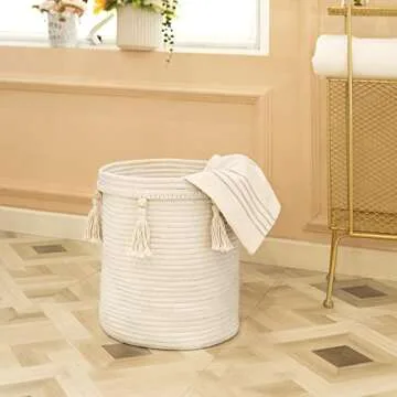 Mkono Macrame Decorative Cotton Rope Basket Boho Cute Woven Tassel Tall Basket Closet Storage Bins O...
