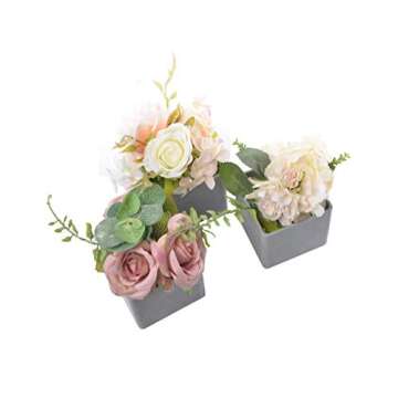 SAROSORA Artificial Potted Flower Plants - with Plastic Vase Planter for Home Decor Wedding Decor Rose & Peony Arrangement Gift - 6 Inch Set of 3 (Square)