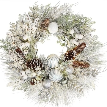 Briful Christmas Wreaths for Front Door 24" Christmas White Snow Flocked Door Wreath with Balls Orna...