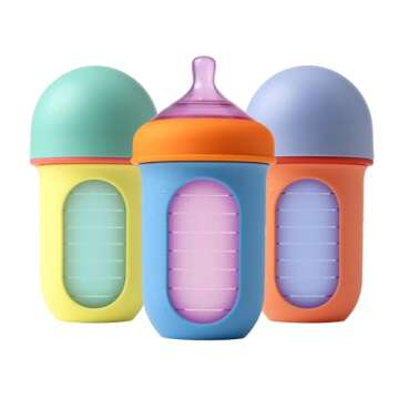 Boon Nursh Reusable Baby Bottle with Silicone Pouch Design Bundle - Stage 2 Medium Flow 8 Oz Baby Bo...