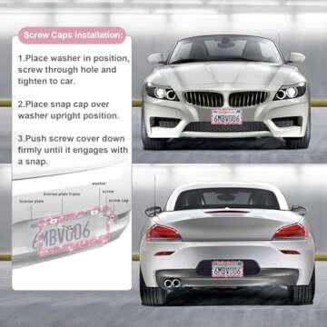 QUANQIUFEI 2 Pack Bling License Plate Frames for Women, Sparkly Rhinestone Diamond Car Accessories with Glitter Crystal Caps (Dark Pink)