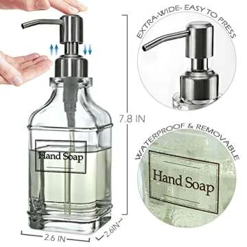 JASAI Antique Design Soap Dispenser with Rust Proof 304 Stainless Steel Pump, Refillable Clear Glass Soap Dispenser with 10Pcs Clear Stickers, Premium Kitchen & Bathroom Soap Dispenser