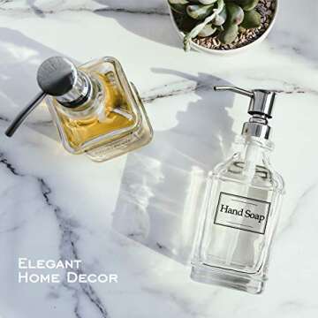 JASAI Antique Design Soap Dispenser with Rust Proof 304 Stainless Steel Pump, Refillable Clear Glass Soap Dispenser with 10Pcs Clear Stickers, Premium Kitchen & Bathroom Soap Dispenser