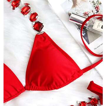 BIKINX Women's Sexy Thong Bikini Crystal Side Bottom Triangle Bikini Halter Swimsuits Red