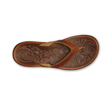 OLUKAI Paniolo Women's Beach Sandals, Distressed Full-Grain Leather Flip-Flop Slides, Wet Grip Soles, Compression Molded Footbed, Natural/Natural, 9