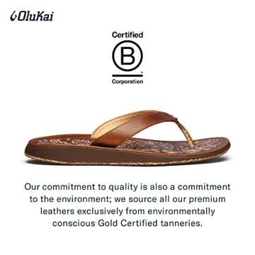 OLUKAI Paniolo Women's Beach Sandals, Distressed Full-Grain Leather Flip-Flop Slides, Wet Grip Soles, Compression Molded Footbed, Natural/Natural, 9