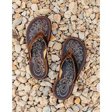 OLUKAI Paniolo Women's Beach Sandals, Distressed Full-Grain Leather Flip-Flop Slides, Wet Grip Soles, Compression Molded Footbed, Natural/Natural, 9