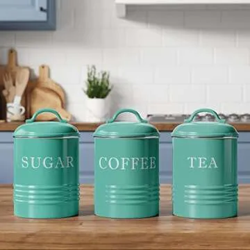 Barnyard Designs Canister Sets for Kitchen Counter, Vintage Kitchen Canisters, Country Rustic Farmhouse Decor Coffee Tea Sugar Container Set, Metal (Turquoise)