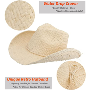 Melesh Adult Sun Straw Women Men Cowgirl Western Cowboy Hat Colored (Cream)