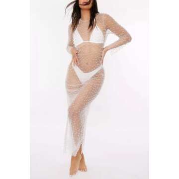 Yiulangde Women's Sparkly Beaded Bathing Suit Coverups Sheer Mesh Pearl Rhinestone Long Sleeve Bikini Cover Up Beach Dress