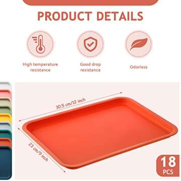 18 Pieces of Colorful Plastic Fast Food Trays for Restaurants and School Lunches