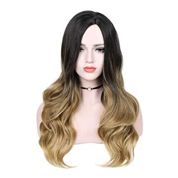 Quantum Love Wigs Ombre Wig Black to Light Brown Side Part Long Wavy Wig Heat Resistant Synthetic Da...