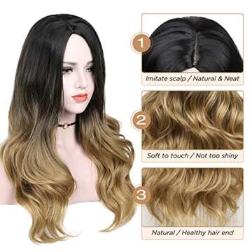 Quantum Love Wigs Ombre Wig Black to Light Brown Side Part Long Wavy Wig Heat Resistant Synthetic Daily Party Wig for Women (Ombre Black to Light Brown)