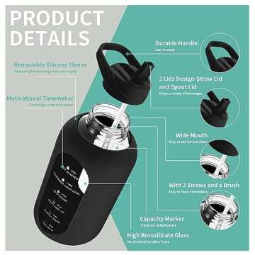 CIVAGO 64 oz Glass Water Bottle Jug with Straw and Handle, Half Gallon Sports Motivational Water Bottle with Time Marker, Wide Mouth Water Flask Canteen with Silicone Sleeve for Gym, Black