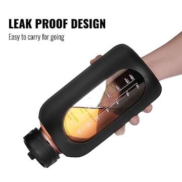 CIVAGO 64 oz Glass Water Bottle Jug with Straw and Handle, Half Gallon Sports Motivational Water Bottle with Time Marker, Wide Mouth Water Flask Canteen with Silicone Sleeve for Gym, Black