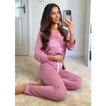Samring Women's Long Sleeve Sleepwear Button Down Cotton 2 Piece Pajama Set Dusty Rose L