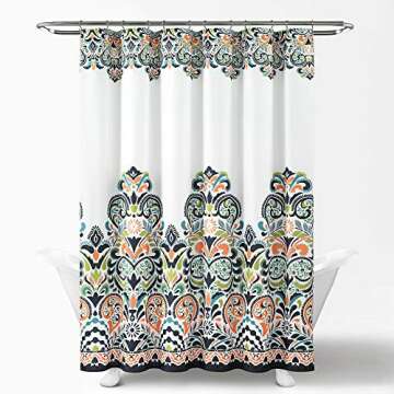 Lush Decor Navy and Tangerine Clara Shower Curtain-Fabric Colorful Boho Paisley Damask Print Design,...