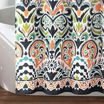 Lush Decor Navy and Tangerine Clara Shower Curtain-Fabric Colorful Boho Paisley Damask Print Design, 72 x 72