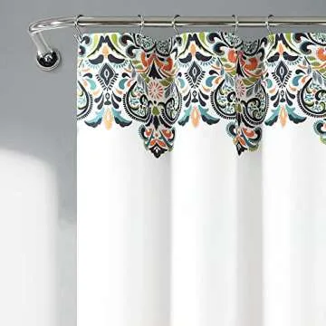 Lush Decor Navy and Tangerine Clara Shower Curtain-Fabric Colorful Boho Paisley Damask Print Design, 72 x 72